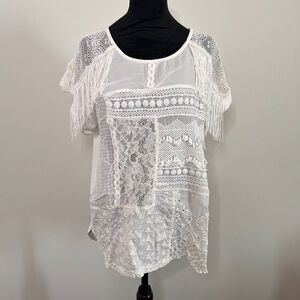 Desigual Womens Blouse L White Como Patch Crochet Lace Short Sleeve Boho Top NWT